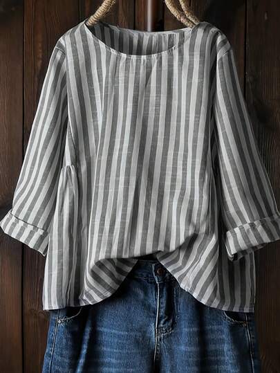 Plus Size Women's Casual Commuter Striped Blouse