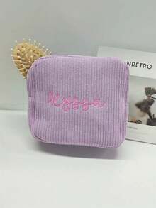 1pc Custom Embroidered Corduroy Makeup Bag, Embroidered Small Square Pouch, Sanitary Pad Storage Bag, Travel Cosmetic Bag, Personalized Storage Pouch, Gift For Her, Valentine's Day Gift, Mother's Day Gift, Christmas Gift, Birthday Gift For Friends And Family - Multicolor - View 3