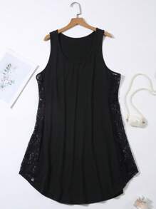 Plus Size Women Summer Casual Sleepwear Lace Round Neck Sexy Backless Camisole Nightgown, Vacation