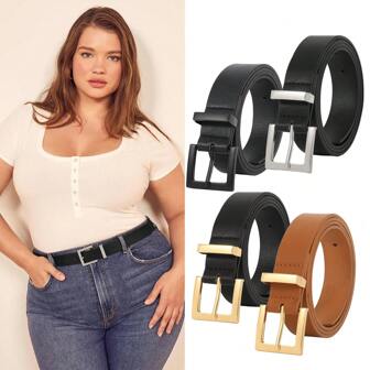 1pc Plus Size Women's Solid Color Simple Golden Buckle PU Leather Belt, Suitable For Pairing With Various Types Of Pants Fall, Autumn, Halloween