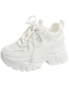 白色 8cm 厚底透气网眼运动鞋，新款 2025 款，女士休闲轻便增高鞋，网眼布 - 白色 - 查看 11