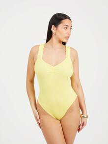 brave soul Lettuce Hem Strap Bodysuit - Banana - View 4