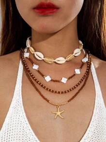 4pcs/Set Bohemian Ocean Style Pearl Beaded Starfish Pendant Necklace Set For Women, Suitable For Beach Party, Gift (Bead & Shell Sizes May Vary)