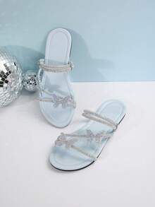 Colorful Rhinestone Bow Decor Dual Wear Women's Sandals, French Style Silver Slippers For Summer/Autumn, Suitable For Dates, Shopping, Party, Banquet, Commute, Business,Beach Outfits - Blue - View 7