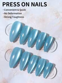 24pcsY2K Long Almonds Glossy Aesthetic Light Blue Cat Eye Acrylic Press On Nails Short Almond Nail Design Perfect Fit False Nails Set, Include: 1pc Jelly Glue And 1pc Nail File,Summer Nails & Light Blue Cat Eye Nails For Woman & Girl Daily Wear Rave Party Use