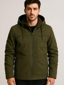 Men's Twill Jacket With Removable Lined Hood - Army Green - View 2