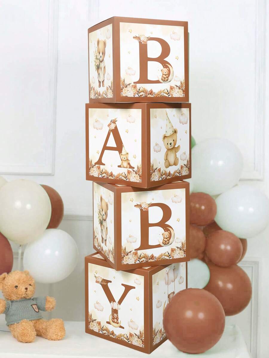 4pcs Cute Bear Theme Gender Reveal Decoration Balloon Box, Adorable Brown Bear Pattern, Suitable For Baby Shower, Newborn Boy/Girl Party Decor, Gender Reveal Party Decoration Gift Box, Baby Party Photography Backdrop, Cute Brown Bear Decor Box, 1st Birthday Party Decor, Party Supplies, Baby Shower Gift, Gender Reveal Decoration, Birthday Decor, Wedding Decor, Home Decor, Room Decor, Backdrop Decor