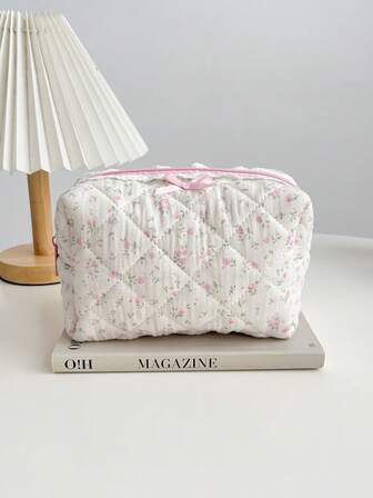 Delicada Bolsa Cosmética com Estampa Floral, Bolsa de Toucador Portátil de Grande Capacidade para Viagem, Bolsa de Maquiagem com Estampa Fofa para Meninas para Armazenamento de Batom e Absorventes Higiênicos