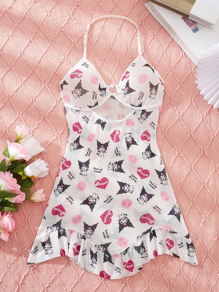 Sanrio 1pc Women's  Digital Printing Cartoon Cute,Pink V-Neck,Halter,Sheer,Backless And Hollow Out,Lettuce Trim,Babydolls,Sexy Lingerie,Sexy Nightgown Dress - Pink - View 1