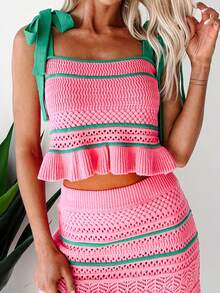 Women's 2 Piece Outfits Sweater Set Stripe Tie-Up Shoulder Straps Sleeveless Tank Tops Elastic Waist Long Skirt Set - Hồng - Xem 8