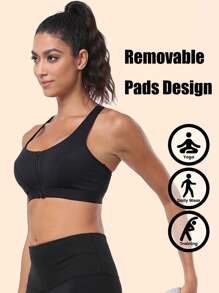 1 pièce Soutien-gorge de sport classique pour femme, couleur unie sexy, tricoté, fermeture métallique devant, confortable sans fil avec un soutien à fort impact, absorbant la transpiration, adapté pour toutes les saisons