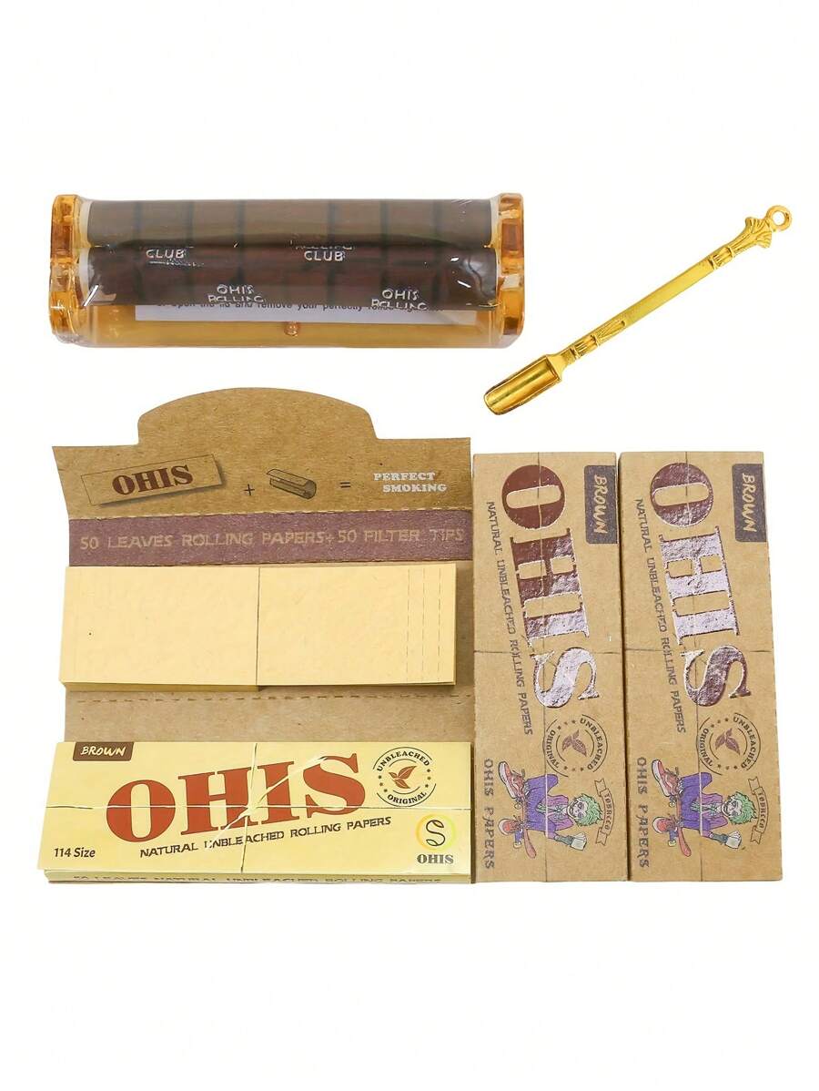 Brown 78mm Self-Rolling Cigarette Paper + Random Color Cigarette Holder + Gold Spoon Home Gadget Ultra-Thin Slow Burning Roll Paper With Tip Lovers Gift Party Gift For Friends Gift For Outdoor Items Easy To Carry
