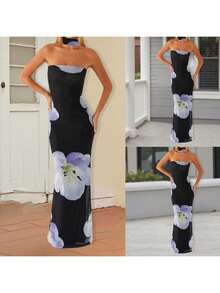 Women Floral Tube Top Dress Slim Off Shoulder Sleeveless Open Back Long Bodycon Dress With Scarf - Blue - View 8