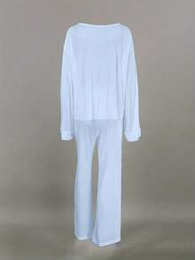 1 Set Women's Solid Color Sheer Fabric Round Neck Long Sleeve Straight Leg Pants Pajama Set, Suitable For Loungewear And Sleepwear - 藍色 - 查看 5