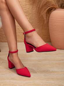 Women's Elegant Red High Block Heel Pointed Toe Shoes With Elastic Band, Rhinestone Decor And Buckle Closure, Spring/Autumn - Red - View 3