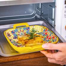 1pc Bohemian Style Ceramic Salad Plate With Dual Handles, Oven & Microwave Friendly Baking Dish For Pasta, Colorful Floral Design Tableware