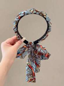 1pc Retro Floral Braided Headband, Women High-End Chiffon Bowknot Elastic Hair Hoop, Female Satin Printed Hairband With Tassel Design,Hairband,Hair Hoop Headbands
