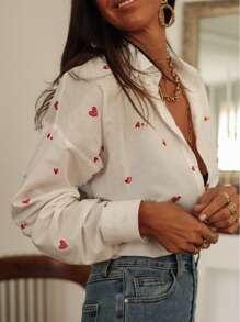 Blusa elegante de mujer con encaje bordado francés - Camisa de manga abullonada y transparente con botones delanteros, cuello de volantes, apta para ropa de primavera y verano