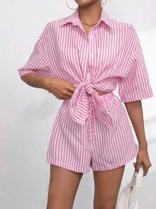 Set de 2 piezas con top de manga corta a rayas y shorts casuales para mujer - Rojo - Ver 3