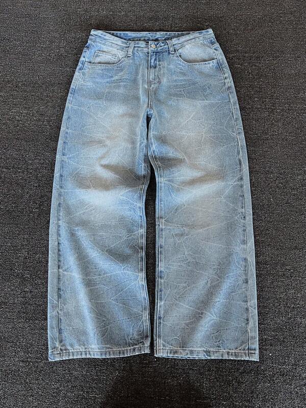 Jeans de pernera ancha y recta suelta, de estilo vintage desgastado y efecto tie-dye en azul claro, de estilo American Streetwear casual y versátil, adecuado como regalo para novio o esposo