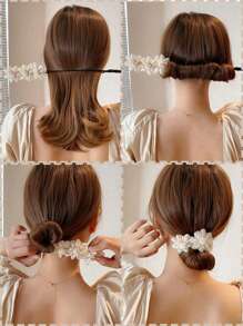 1pc New Flower Bun Maker For Women, Handmade Ivory Flower Hair Accessory With Net And 3 Flower Decorations, Suitable For Elegant Hairstyles Hair Ties Ponytail Holders Hair Elastics Hair Rubber Bands Scrunchies Hair Rope Elastic Hair Tie
