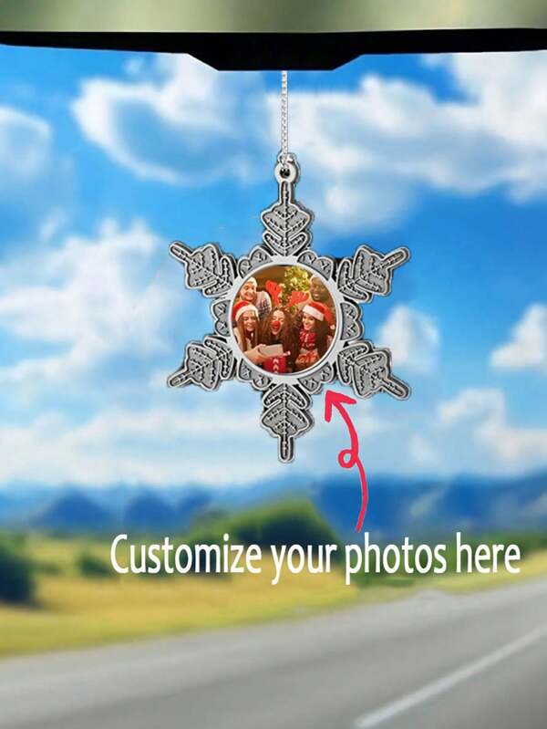 1pc Customized Photo Snow Flake Car Rearview Mirror Hanging Ornament, Metal Decorative Gift For Valentine's Day, Mother's Day, Father's Day
