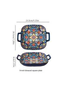 1pc Bohemian Style Ceramic Salad Plate With Dual Handles, Oven & Microwave Friendly Baking Dish For Pasta, Colorful Floral Design Tableware