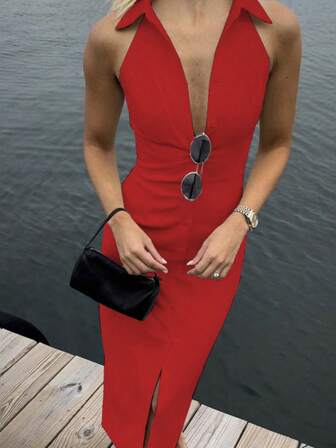 2025年新款白色优雅职业衬衫裙，法式时尚修身设计，红色露背无袖沙滩裙，女士