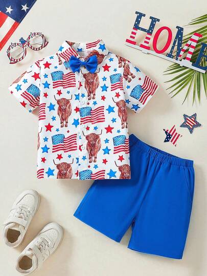 4th Of July Young Boys Patriotic Outfit - Flag Graphic Tee Shirt And Shorts Set With Bow Tie, Ideal For Outdoor And Party Gifts