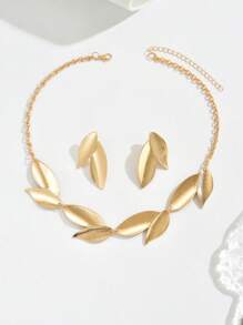 3 Peças Conjunto de Colar e Brincos Minimalista e Elegante para Mulheres, Colar de Corrente com Pingente de Folha Dourada Geométrica na Clavícula, Jóias de Metal Versáteis para Verão, Férias, Uso Diário