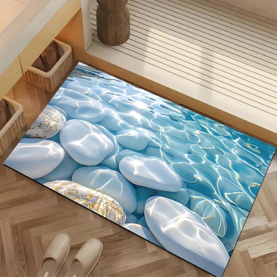 1pc Home Decor, Realistic 3D Visual Effect Illusion Stone Design High Definition Printed Pool Water Pattern Non-Slip Bathroom Mat, Absorbent Machine Washable Polyester Carpet For Bedroom, Living Room Entryway, Camping Picnic Mat, Coaster - Blue - View 1
