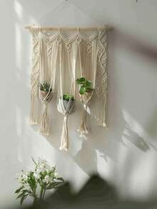 Macrame Plant Hanger Macrame Wall Hanging Woven Tapestry Window Curtain Valance Boho Bedroom Decor Wedding Backdrop Rope Triple Planter - White - View 1