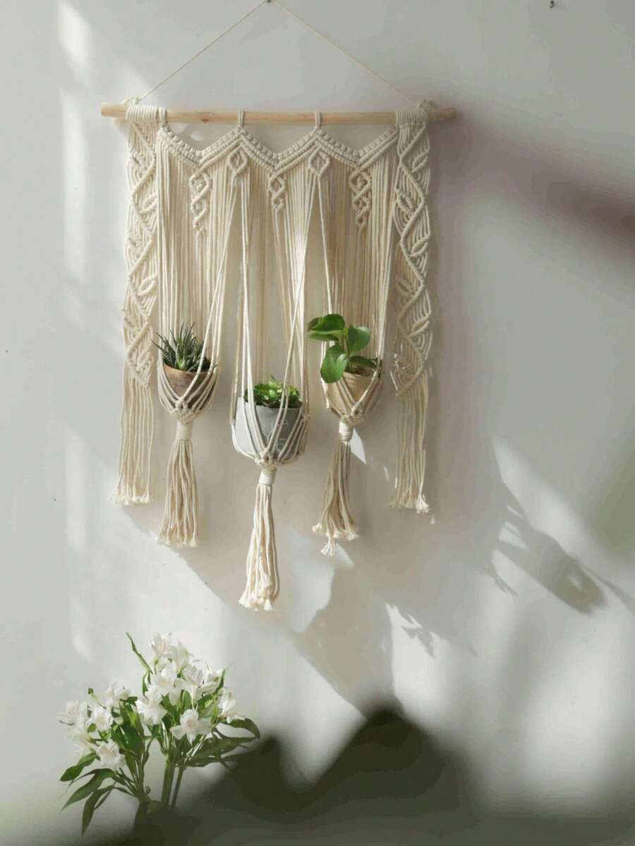Macrame Plant Hanger Macrame Wall Hanging Woven Tapestry Window Curtain Valance Boho Bedroom Decor Wedding Backdrop Rope Triple Planter - White - View 1