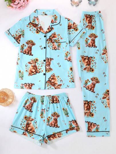 3pcs/Set Women's Cool Short Sleeve Pajamas, Shorts & Pants, Polo Collar Button Short Sleeve Tops, Casual Loose Cow Print, Suitable For All Seasons