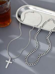 Set de 2 collares con colgante de cruz de acero inoxidable de doble capa, estilo punk y hip-hop para hombres
