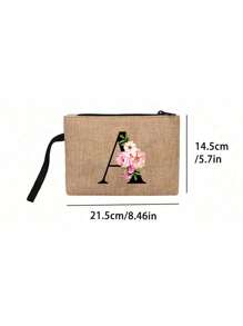 Conjunto com 2 peças: uma bolsa de linho cáqui com iniciais de flores rosa e uma pequena bolsa combinando, simples e elegante, bolsa personalizada para presente de casamento para madrinhas, bolsa de maquiagem, bolsa de viagem simples para armazenamento, carteira de cosméticos de cor sólida, bolsa de maquiagem de viagem com grande capacidade: a combinação perfeita para belezas ao ar livre! Adequada para casamentos, aniversários e praia.