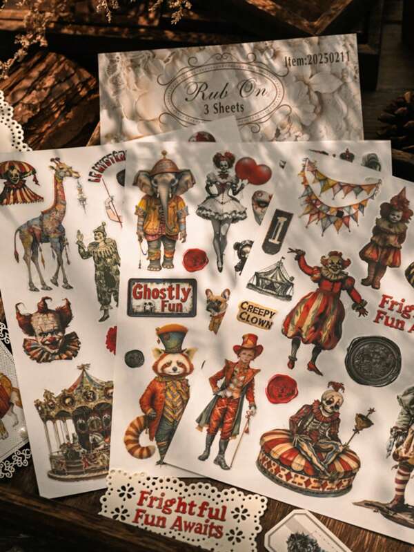 3 PEÇAS Adesivos de Transferência Escuros de Circo com Palhaços Assustadores e Elementos Vintage de Circo, Estilo Fantasia Assustador para Decoração de Jornais, Scrapbooks e Cartões