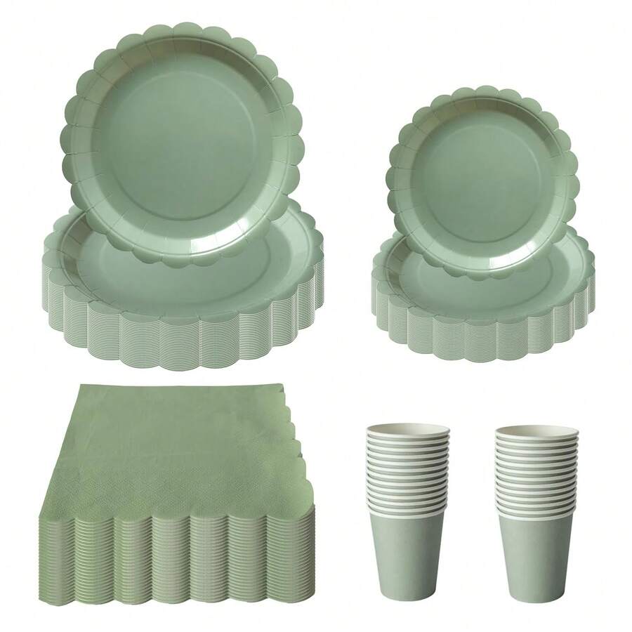 10pcs/20pcs/40pcs/50pcs,Sage Green Scalloped Dinner Paper Plates, Napkins And Cups Set,Sage Green,Christening Party TablewareSet,Plates And Napkins,Sage Green Christening Party Supplies - Multicolor - View 1