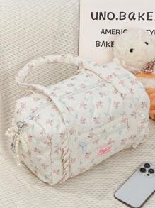 1Pc Floral And Bow Knot With Ruffles Duffel Bag ,Handbag ,Girls Travel Bag ,Girls Weekend Bag ,Women Shoulder Bag,Yoga Bag ,Sports Bag,Girls Weekend Bag ,Girl Duffel Bag ,Girls Luggage Bag Quilted Zipper Handbag Suitable For Ladies And Girls, Gift For Valentines Gift ,New Year Gift Bag For School School Accessories School Stuff