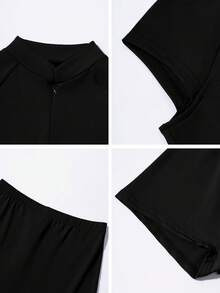 Áo thun trơn hai mảnh ôm vừa vặn màu trơn và quần short thời trang đơn giản mặc hàng ngày cho nữ - màu đen - Xem 11