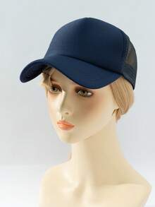 1pc Adjustable Solid Color Mesh Baseball Cap - Random Color - Navy Blue - View 3