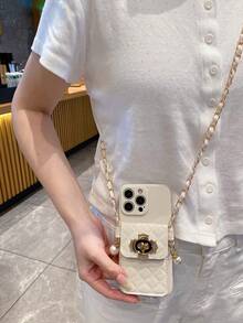 1 Stück Silber Perlen & Platin Schlüsselband Kartenhalter + 1 Stück beige gerade Kante Engelsauge Perforation stoßfeste tragbare Handyhülle, kompatibel mit Apple/Redmi/OPPO/VIVO/Realme, internationale Version, nicht die Inlandsversion - Beige - Übersicht 2