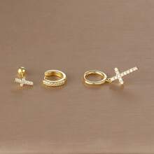 3PCS 18K Gold Plated Cross Stud Earrings Set For Women's Wedding Jewelry Zirconia Hoop Stainless Steel Accessories Party Gift