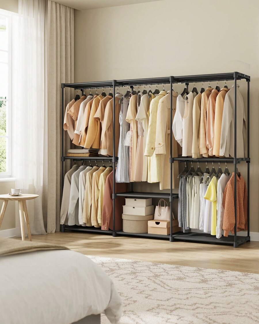 SONGMICS Armoire de Rangement, Penderie Pliable, Dressing, Armoire Métallique, avec 5 Barres de Suspension, Porte-vêtements, pour Vestiaire, Chambre, 205 x 43 x 166 cm, Noir d'Encre - Noir - Voir 1