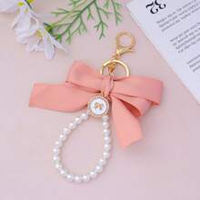 1pc Faux Pearl Beaded Bracelet, Keychain, Phone Lanyard, Cute Bowknot Keyring, Wallet Charm, Earphone Case Accessories, Women Daily Use, Gift