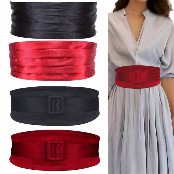 Women's Wide Satin Waist Belt, Black And Red, Elastic Waist Decoration Summer, School