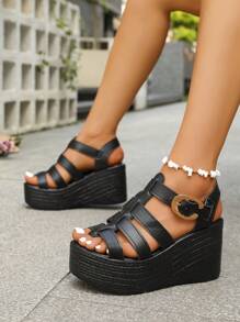 Sandálias de Plataforma com Cunha Romana de Plus Size para Mulheres, Cor Sólida com Fivela de Metal, Tecido Macio e Respirável, Adequado para Uso Diário, Reuniões, Casual com Calças ou Saias, Moda e Conforto, Essencial para o Guarda-roupa