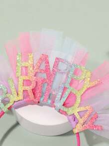 1pc Fuchsia Mesh & Glitter "Happy Birthday" Headband, Party Decorations