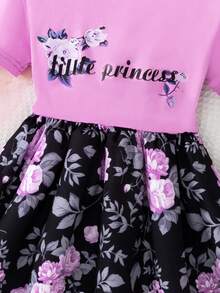 Young Girl Casual English Letter Print Short Sleeve Round Neck Knit Top With Patchwork Floral Allover Print Skirt Dress, Suitable For Everyday, Home, Outdoor, Spring/Summer