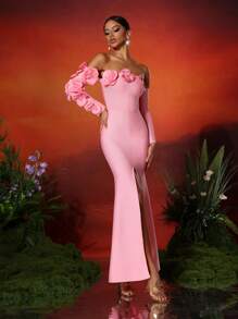 Love Aing Vestido de cóctel con espalda descubierta, manga larga, abertura lateral y aplicación floral 3D hecha a mano para mujer Love Aning, elegante para baile de graduación, gala, boda semi-formal, adecuado para cumpleaños, graduación, cena, regreso a casa, vestido de noche